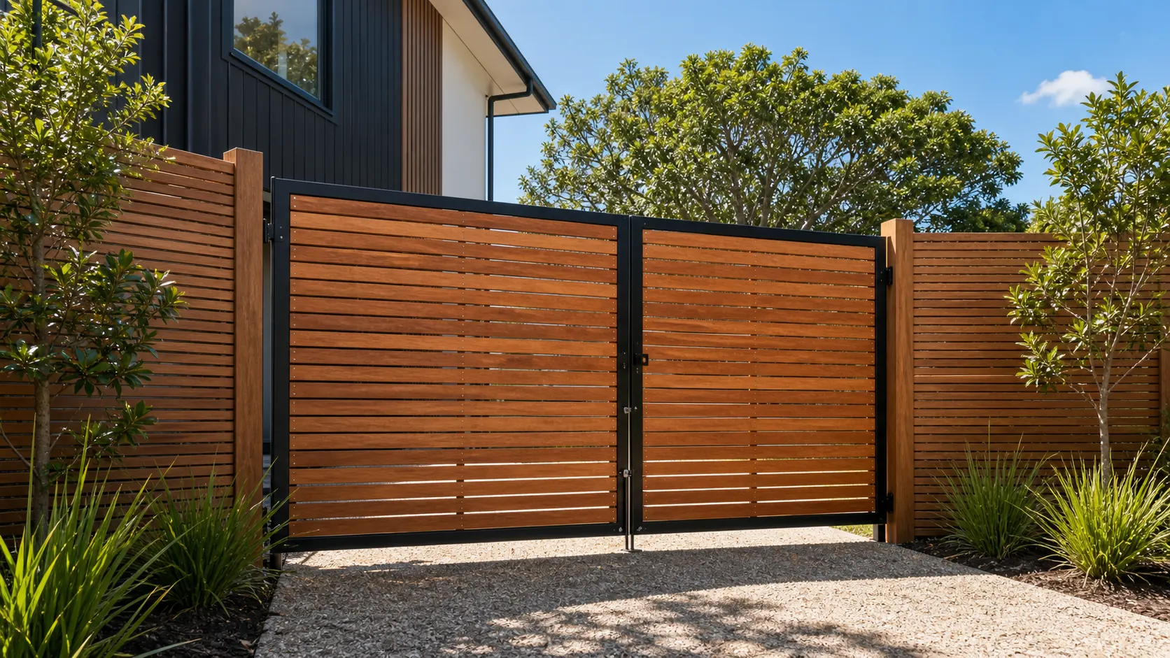Modern horizontal timber driveway gate and fence in Auckland