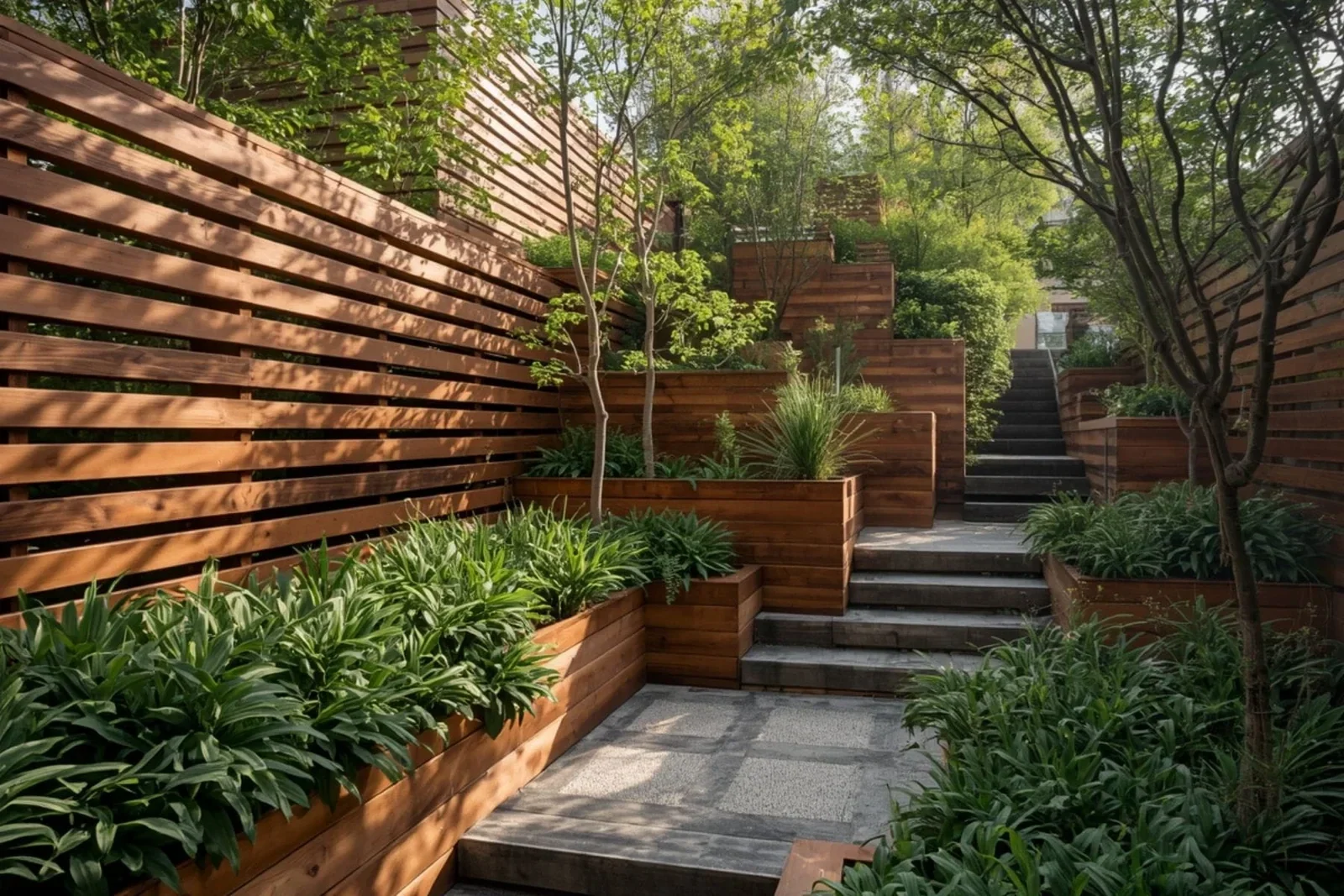 Landscaped garden framed by timber retaining walls